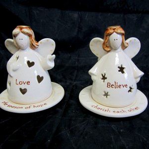 VINTAGE 90'S CERAMIC ANGEL TEALIGHTS W/PLATES, SET OF 2, CUTE COUNTRY